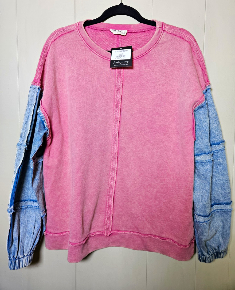 New in Size M Pink And Denim Colorblock Crew Neck Long Sleeve Sweatshirt Top